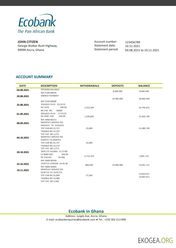 Modèle de relevé bancaire Ghana Ecobank, format Word et PDF